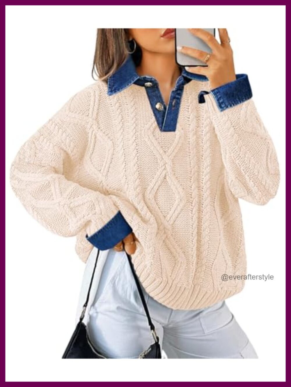 Women's Cable Knit Denim Polo Pullover Sweater Chunky Button Up V-Neck Long